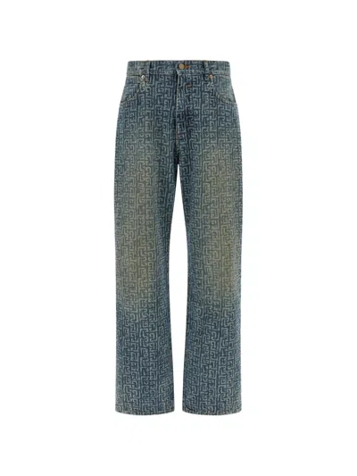 Balmain Monogram Denim Trousers All Over Pattern In Blue