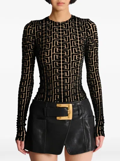 Balmain Monogram Velvet Top Fitted Long Sleeves In Black