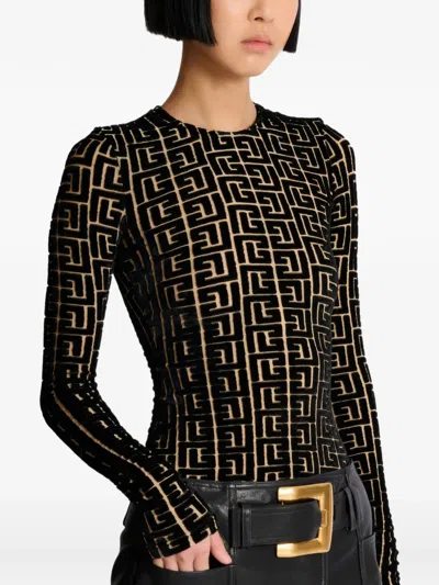 Balmain Monogram Velvet Top Fitted Long Sleeves In Black
