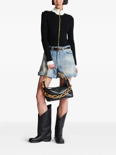 Balmain Medium Leather Shoulder Bag With Chain Strap In Black