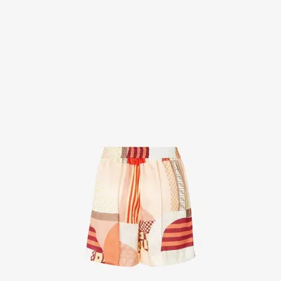 Fendi Silk Shorts With Patchwork Print In Neutral