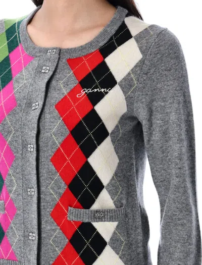 Ganni Argyle-pattern Logo-embroidered Cardigan In Multi