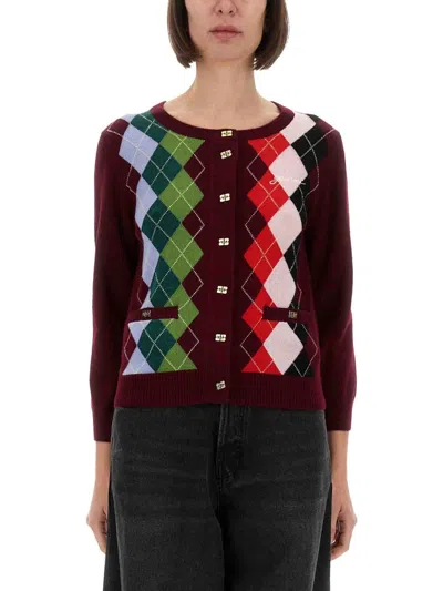 Ganni Burgundy Checked Cardigan In Cashmere Blend Women In Multi
