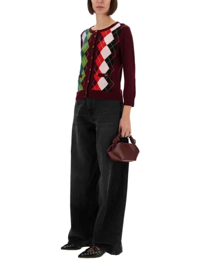 Ganni Burgundy Checked Cardigan In Cashmere Blend Women In Multi
