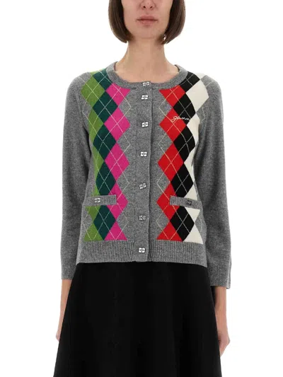 Ganni Argyle-pattern Logo-embroidered Cardigan In Multi
