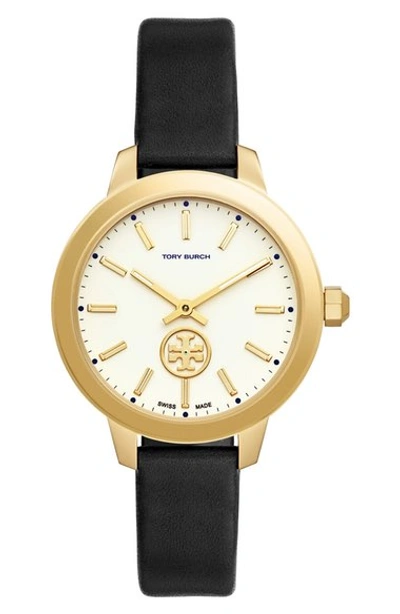 Tory Burch 'the Collins' Leather Strap Watch, 38mm In Black