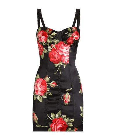 Dolce & Gabbana Black Short Dress With Floral Print In Viscose Woman In Black