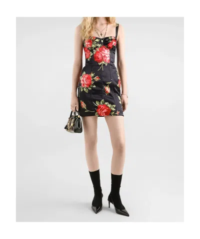 Dolce & Gabbana Black Short Dress With Floral Print In Viscose Woman In Black