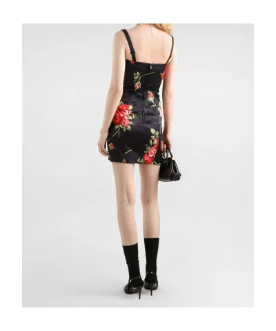 Dolce & Gabbana Black Short Dress With Floral Print In Viscose Woman In Black