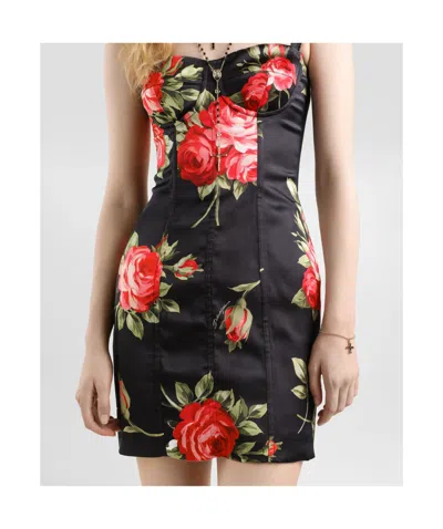 Dolce & Gabbana Black Short Dress With Floral Print In Viscose Woman In Black