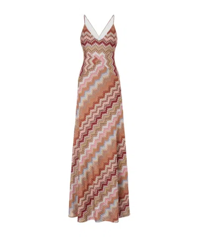 Missoni Multicolor Long Dress With Crossed Shoulder Straps And All-over Zigzag Motif In Viscose Woman In Brown