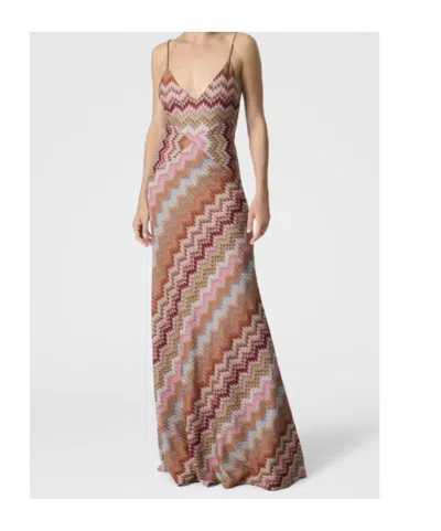 Missoni Multicolor Long Dress With Crossed Shoulder Straps And All-over Zigzag Motif In Viscose Woman In Brown