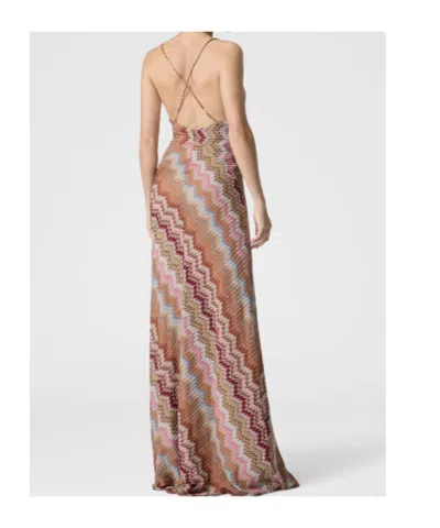 Missoni Multicolor Long Dress With Crossed Shoulder Straps And All-over Zigzag Motif In Viscose Woman In Brown