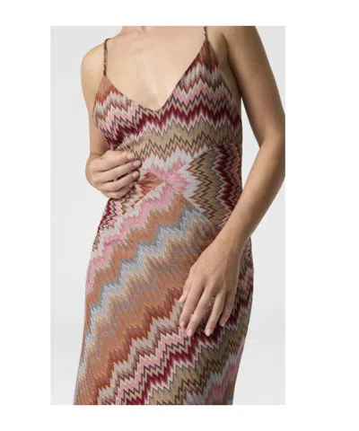Missoni Multicolor Long Dress With Crossed Shoulder Straps And All-over Zigzag Motif In Viscose Woman In Brown
