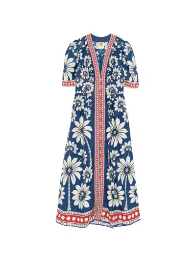 Farm Rio Luna Blue Long Dress With V Neck And All-over Floral Motif In Cotton Woman