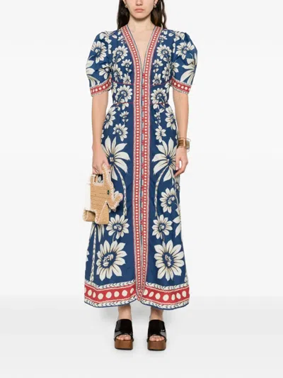 Farm Rio Luna Blue Long Dress With V Neck And All-over Floral Motif In Cotton Woman