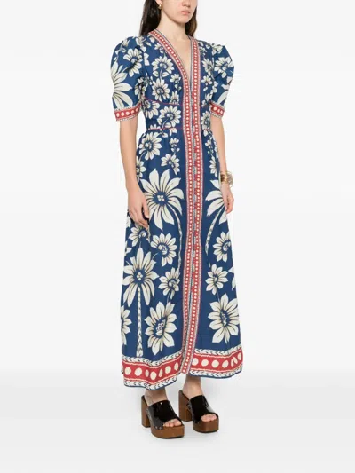 Farm Rio Luna Blue Long Dress With V Neck And All-over Floral Motif In Cotton Woman