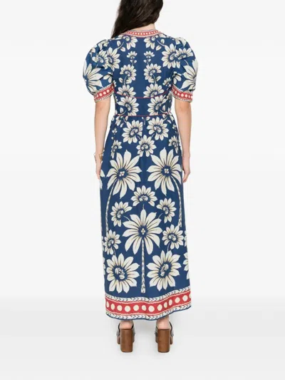 Farm Rio Luna Blue Long Dress With V Neck And All-over Floral Motif In Cotton Woman
