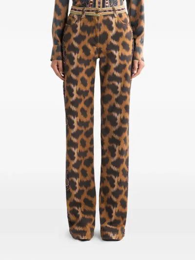 Etro Bootcut Jeans In Bull Denim With Animal Motif In Multi
