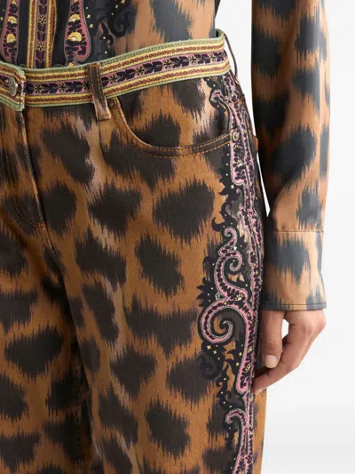 Etro Bootcut Jeans In Bull Denim With Animal Motif In Multi