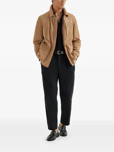 Brunello Cucinelli Long-sleeved Leather Jacket In Brown