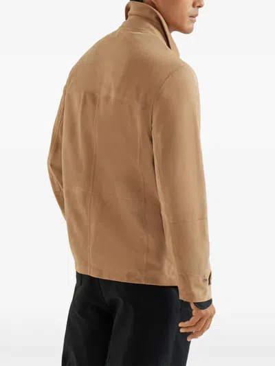 Brunello Cucinelli Long-sleeved Leather Jacket In Brown