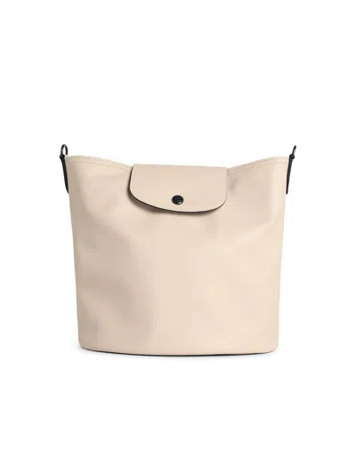 Longchamp Paper Leather Bucket Bag With Adjustable Strap In Neutral