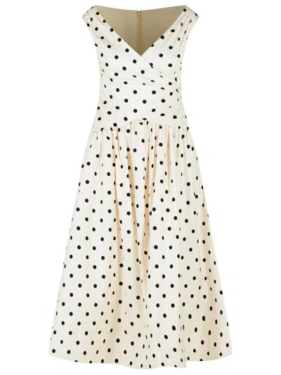 Self-portrait White Dress With All-over Polka Dot And Flared Skirt In Cotton Woman In Orange