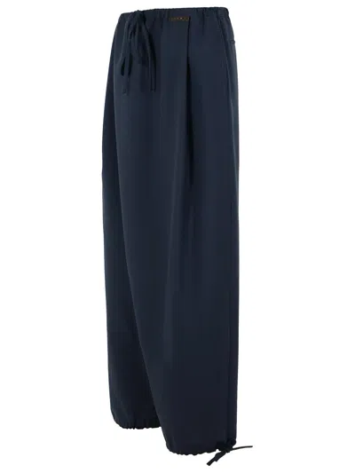 Marni Wide Leg Wool Trousers Featuring Drawstring In Blue