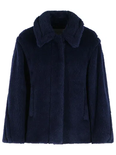 Max Mara Alpaca Wool Jacket Collared Design Front Pockets In Blue