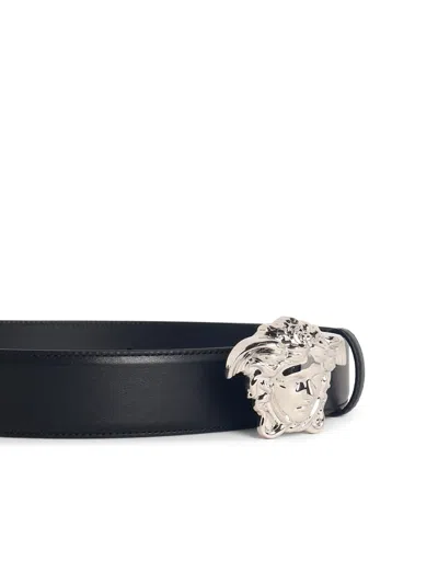 Versace Medusa Leather Belt Adjustable Length Smooth In Black