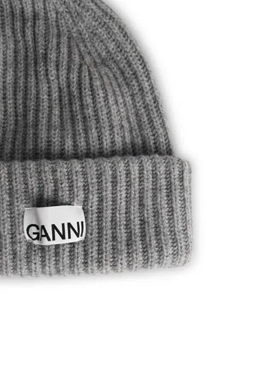 Ganni Grey Wool Blend Beanie Women In Gray