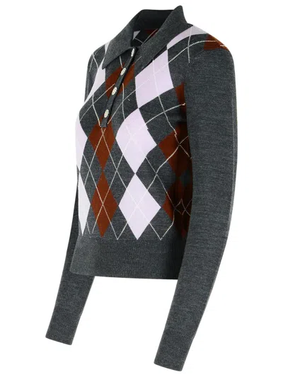 Self-portrait Grey Argyle Lightweight Sweater In Animal Print