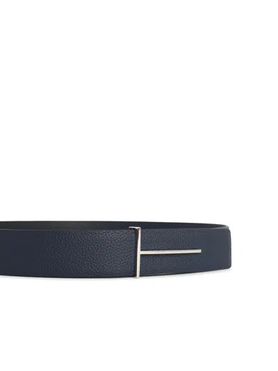 Tom Ford Dark Brown Reversible Textured Silver Buckle Belt In Blue