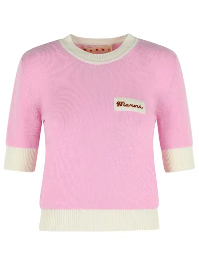 Marni Wool Blend Short Sleeve Crewneck Sweater In Pink