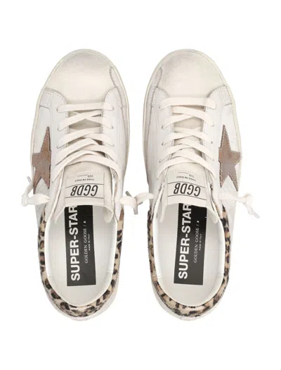 Golden Goose Super-star Sneakers In Suede With Worn Effect And Leopard Print Hairy Cow In White