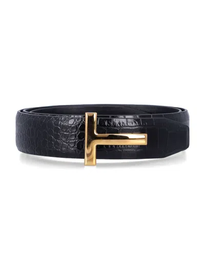 Tom Ford Black Crocodile Effect Leather Belt With T Buckle In Black