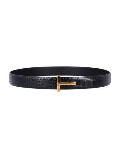 Tom Ford Black Crocodile Effect Leather Belt With T Buckle In Black