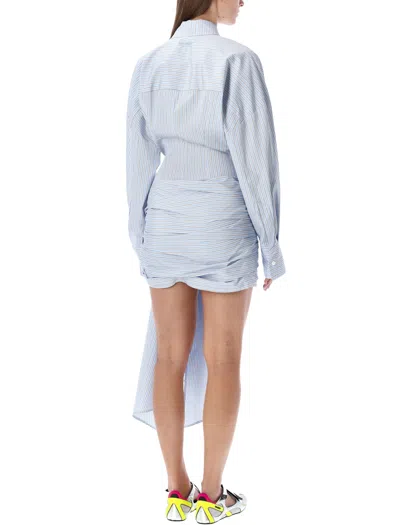 Attico Knotted Striped Cotton-poplin Mini Dress In Blue