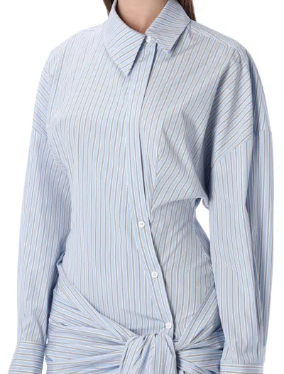 Attico Knotted Striped Cotton-poplin Mini Dress In Blue