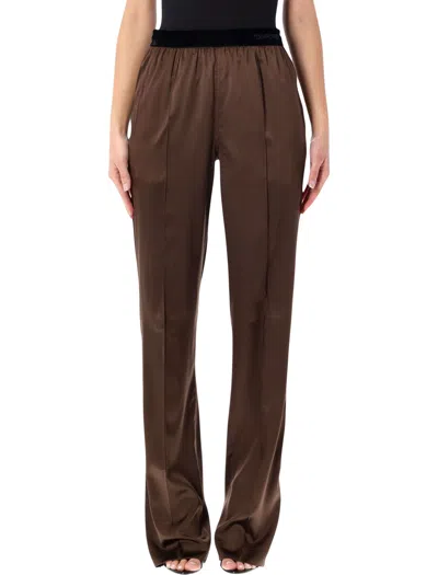 Tom Ford Brown Pants With Elastic Waist And Logo Lettering In Stretch Silk For Women In Brown