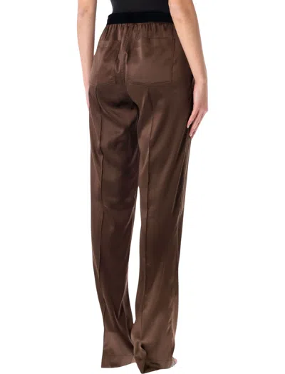 Tom Ford Brown Pants With Elastic Waist And Logo Lettering In Stretch Silk For Women In Brown