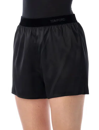 Tom Ford Black Shorts With Elastic Waist With Logo Lettering In Silk Stretch Woman In Black