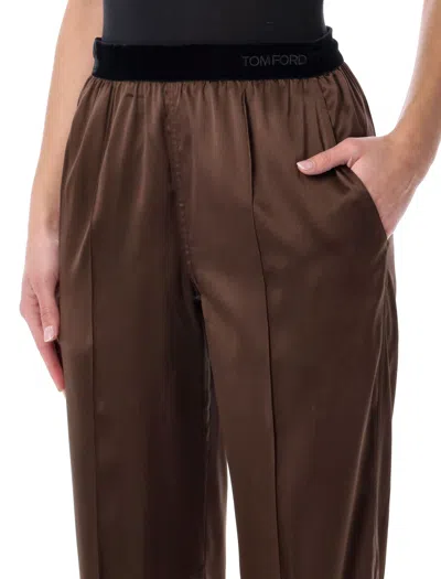 Tom Ford Brown Pants With Elastic Waist And Logo Lettering In Stretch Silk For Women In Brown