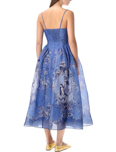 Zimmermann Rebellion Lace-up Embellished Pleated Gathered Printed Linen And Silk-blend Midi Dress In Blue