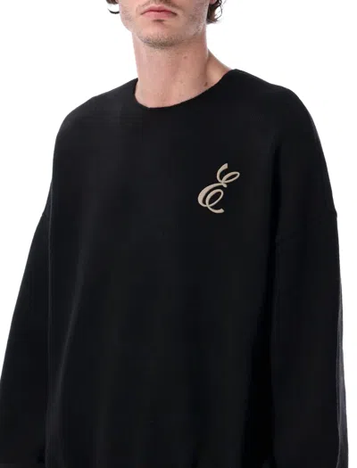 Essentials Black Holiday Embroidered Merino Crewneck Sweater In Black