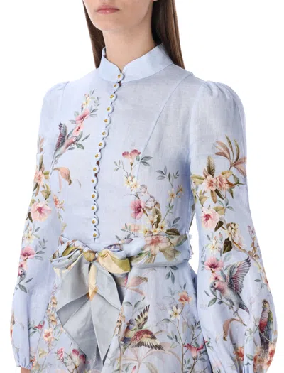 Zimmermann Rebellion Multicolor Midi Dress With Bow Detail On The Front And All-over Floral Print In Linen Woma In Blue