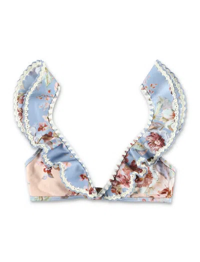 Zimmermann Spliced Print Awaken Crochet Tri Bikini Top In Blue