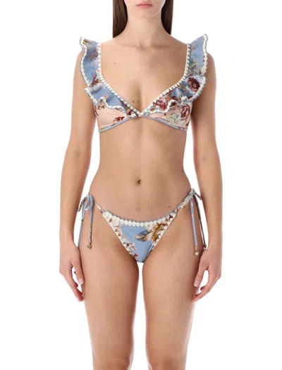 Zimmermann Spliced Print Awaken Crochet Tri Bikini Top In Blue