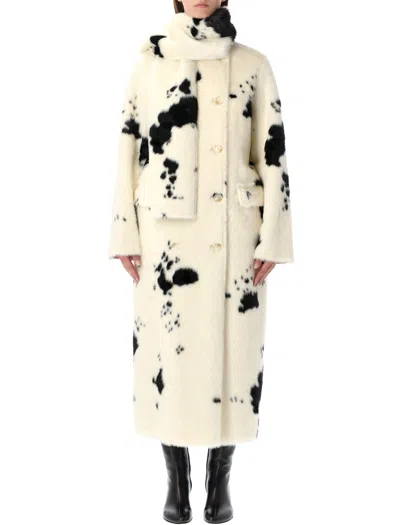 Stand Studio Double-breasted Faux-fur Coat With Cow Pattern In Neutral